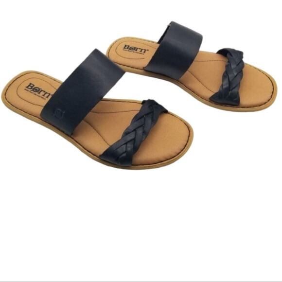Born Womens Cherita Flat Slide Sandals Size‎ 10 M Black Leather Double Strap New - Picture 1 of 8